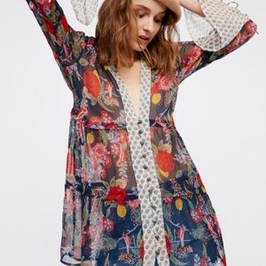 Free People Women's Tunic Bohemian Blue & Red Blouse Sheer Collared tie sleeves